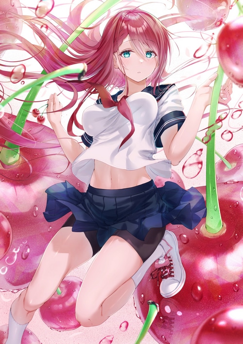 Anime schoolgirl with pink hair and cherries