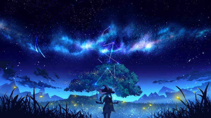 Mona under the starry sky with constellations