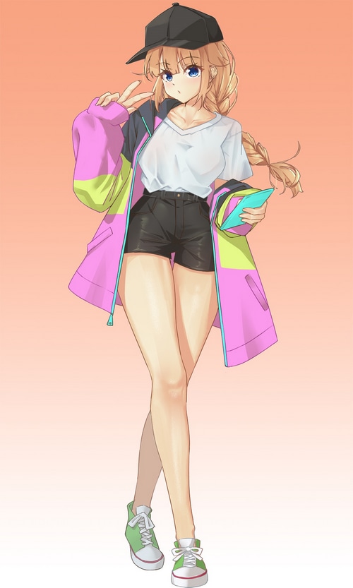 Eiko Tsukimi in a colorful jacket and shorts