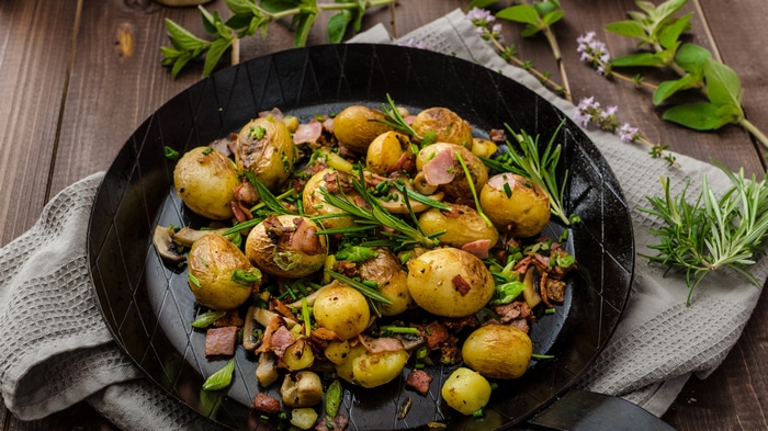 4K food still life with potatoes and bacon