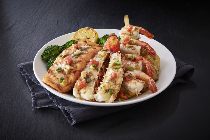 Grilled Salmon, Lobster Tail, and Shrimp Platter