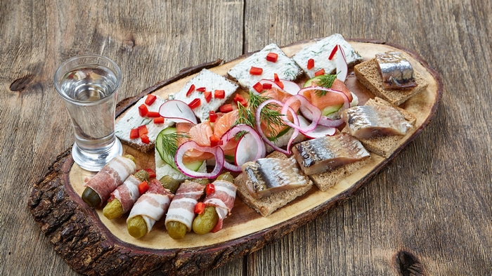 4K food platter with vodka shot