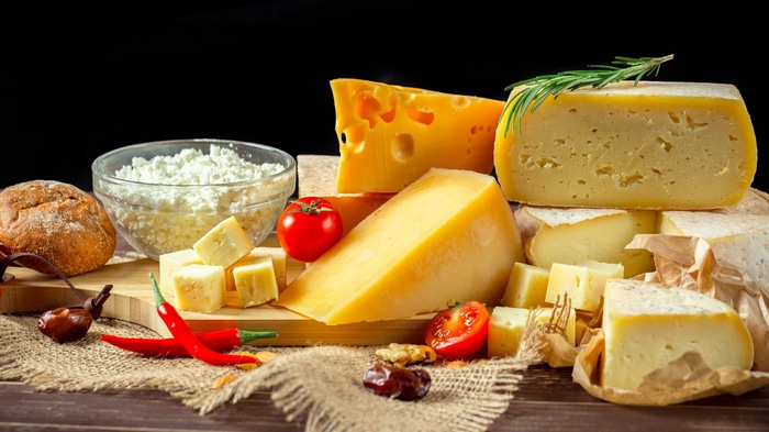 Still life of assorted cheeses and bread