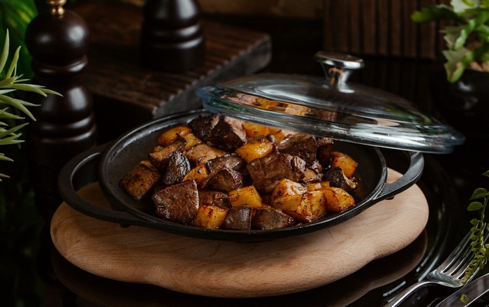 Still life of food in a cast iron pan