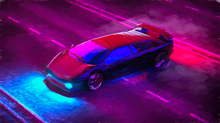 4K painting of a Lamborghini Diablo on a neon road