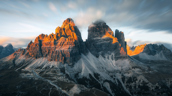4K landscape of Three Peaks of Lavaredo mountains in Italy