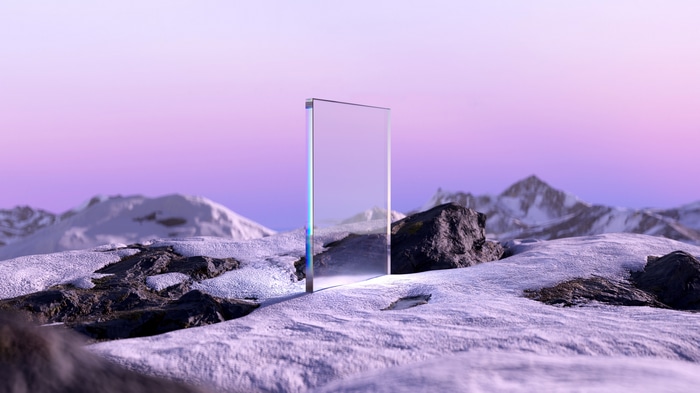 4K Crystal Portal in Snowy Mountain Landscape