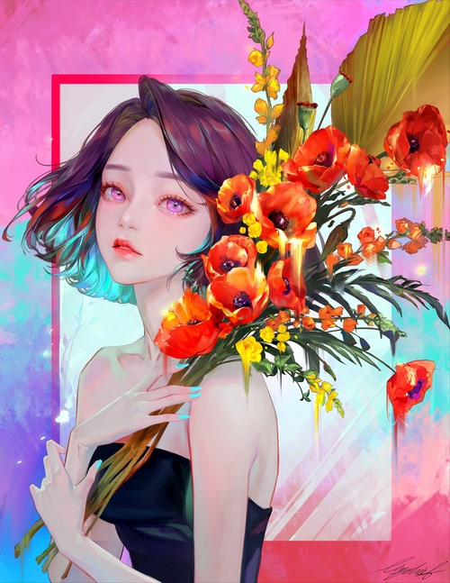 Liz Son with a bouquet of poppies