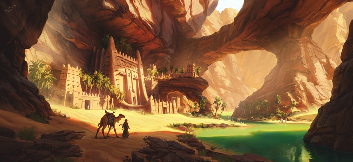 4K desert oasis with ancient architecture and rock formations