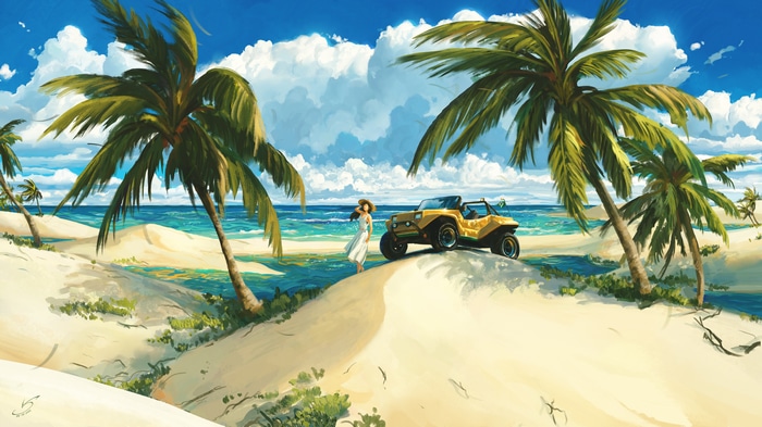 Woman and yellow buggy on a tropical beach with palm trees