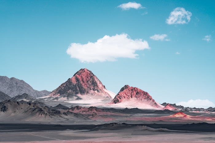 Pink mountains under a blue sky in Qinghai, China