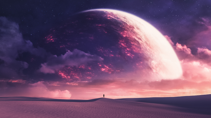A lone figure stands on desert dunes under a giant planet