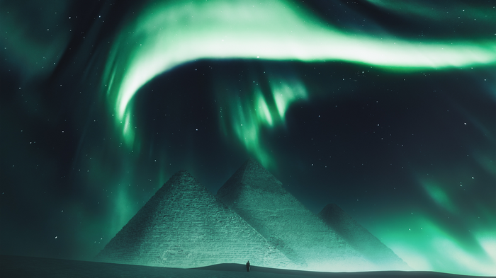 Pyramids under the Aurora Borealis at night