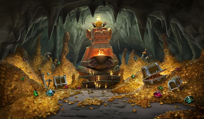 Fantasy cave filled with treasure and a statue