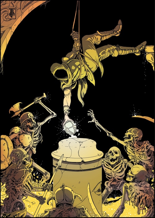 Thief rappels down to retrieve treasure guarded by skeletons