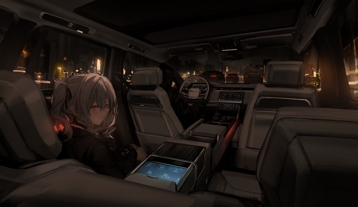 Anime girl in a luxury car at night