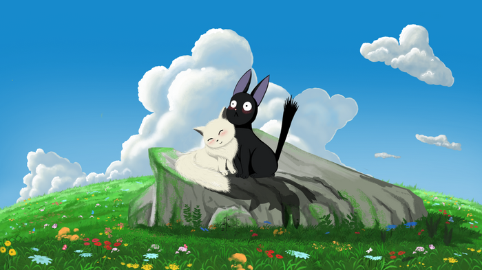 Two cats, one black and one white, embrace on a rock.