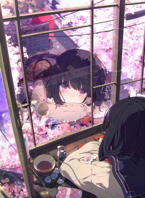 Anime girl looking through a window with cherry blossoms