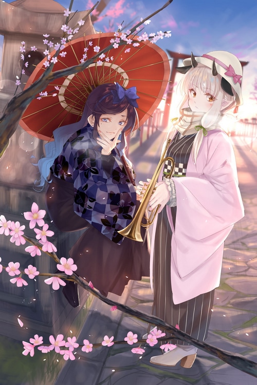Two anime girls with a trumpet and umbrella under cherry blossoms