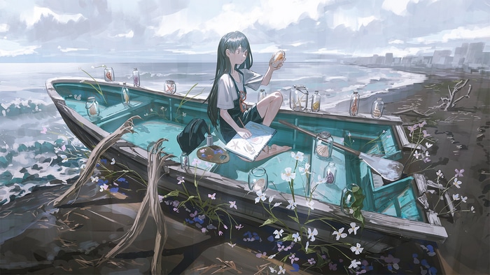 Anime girl in a boat with jars of shells