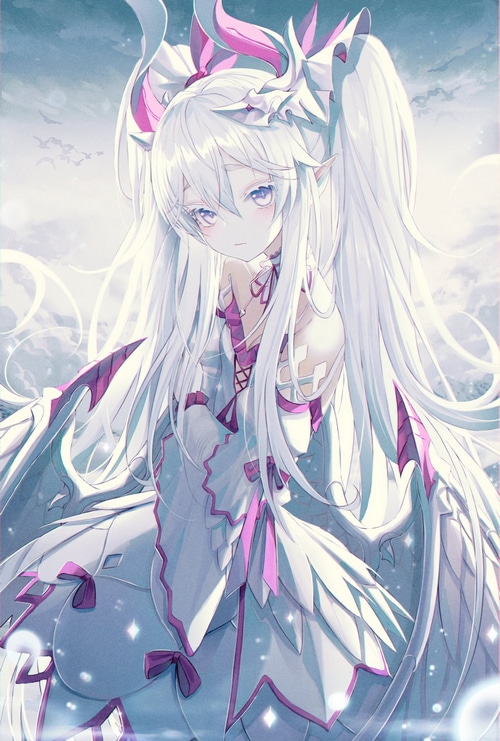 Anime girl with white hair and pink accents