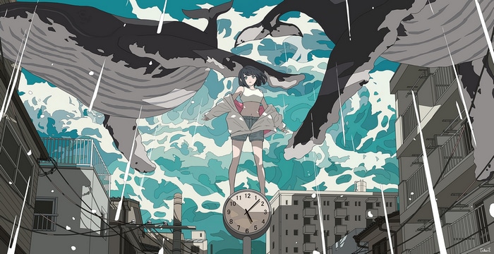 Anime girl standing on a clock with whales overhead