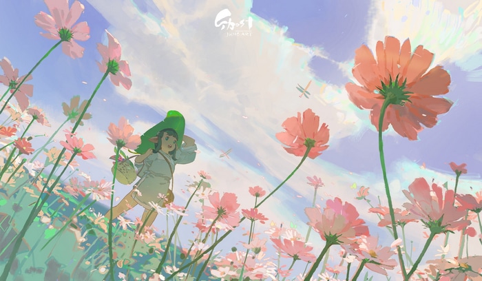 Anime girl in a field of cosmos flowers