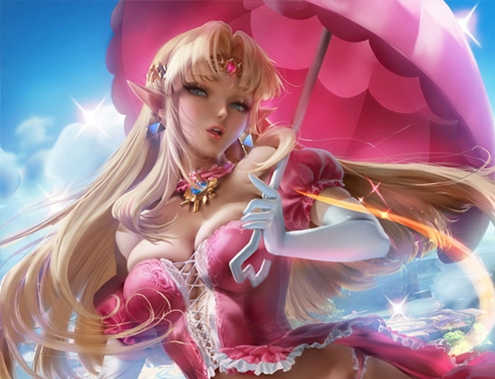 Zelda holding a pink umbrella