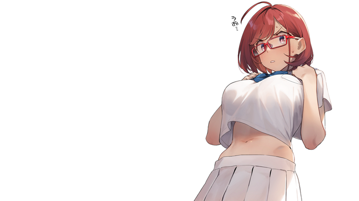 Girl with glasses and red hair wearing a crop top and pleated skirt