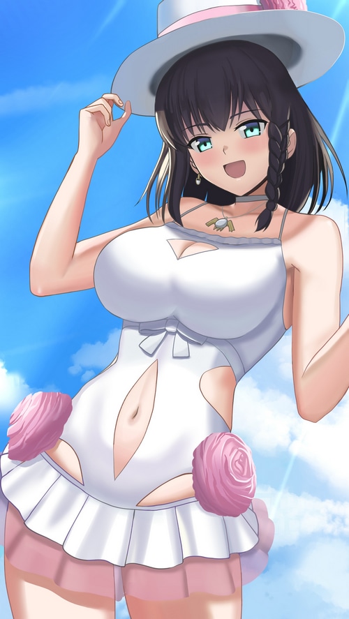 Charlotte Corday in a white swimsuit and hat