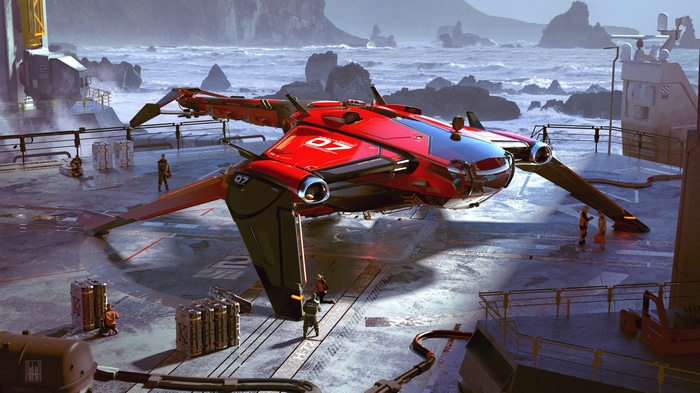 Red science fiction spaceship on a dockyard by the sea