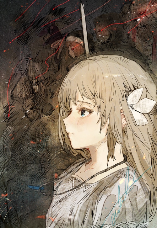 Girl with white flower in hair and shadowy figures