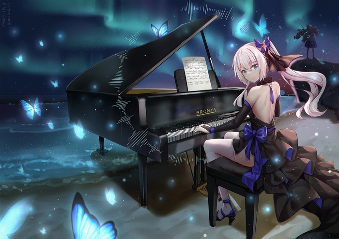 Bronya Zaychik playing piano with butterflies and aurora