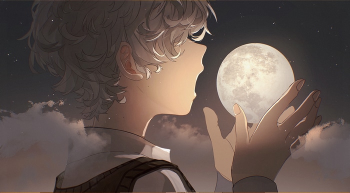 Anime boy holding the moon with clouds and stars