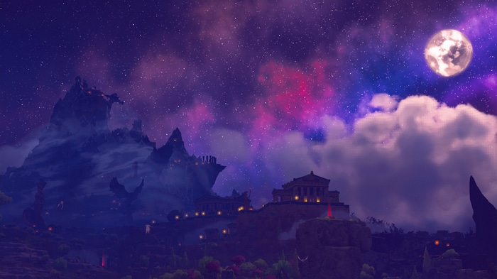Video game art of a fantasy landscape at night