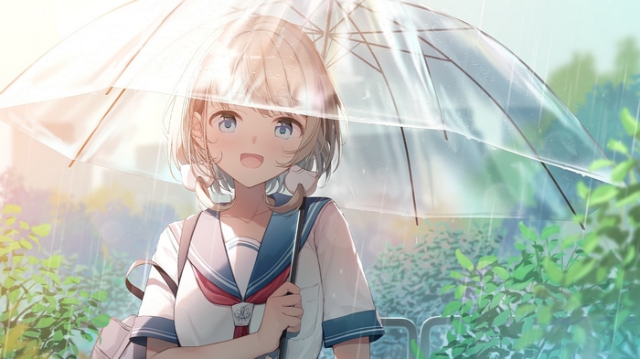 Schoolgirl with umbrella in the rain