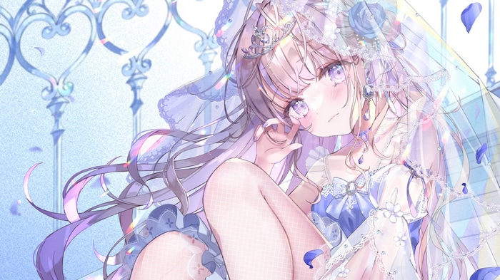 Anime girl in a blue dress with a veil