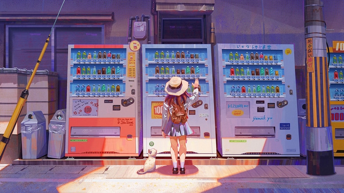 Anime girl and cat at vending machines