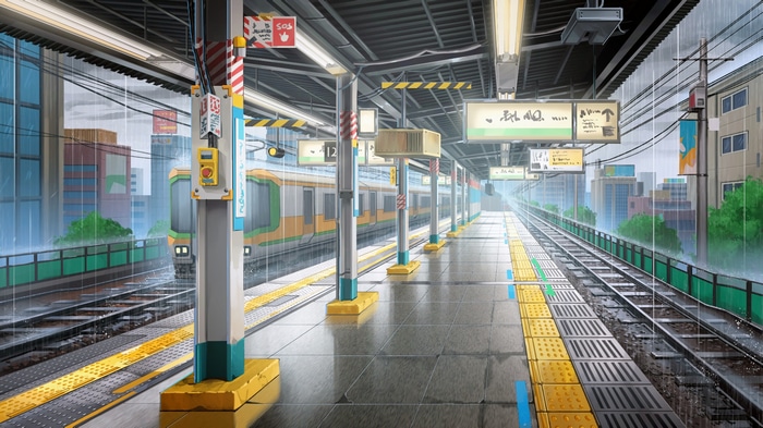 4K train station in the rain