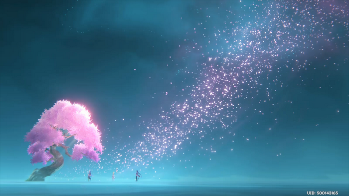 Genshin Impact: Raiden Shogun under a cherry blossom tree