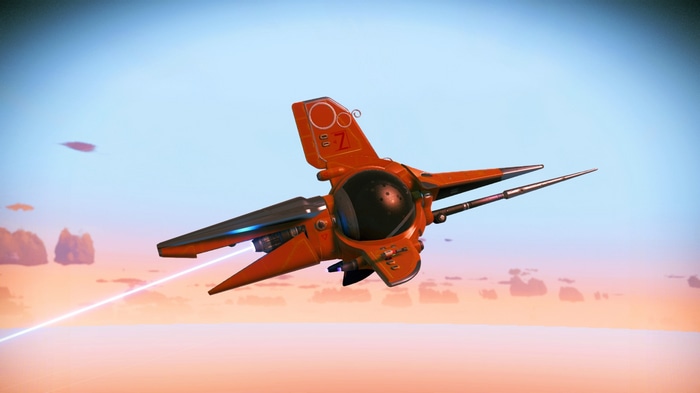 No Man's Sky spaceship flying in a colorful sky