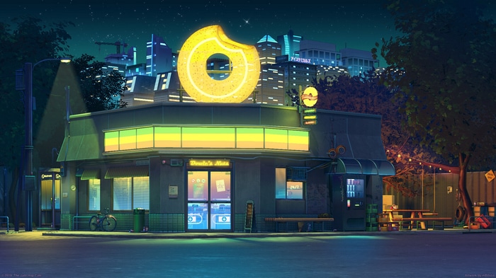 Donut shop at night in a Japanese city