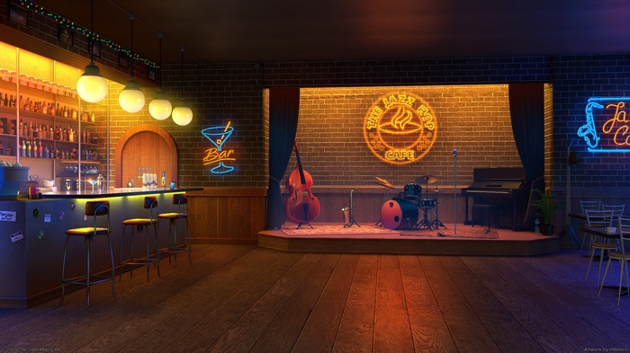 Jazz Hop Cafe interior with bar and stage