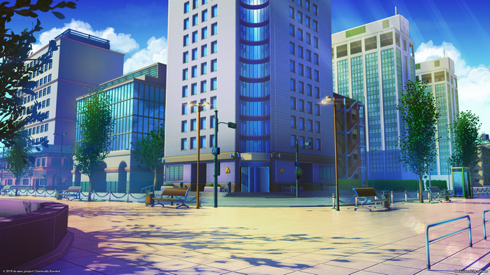 City park with modern buildings and trees
