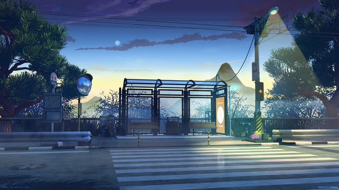Anime bus stop in Japan at sunset