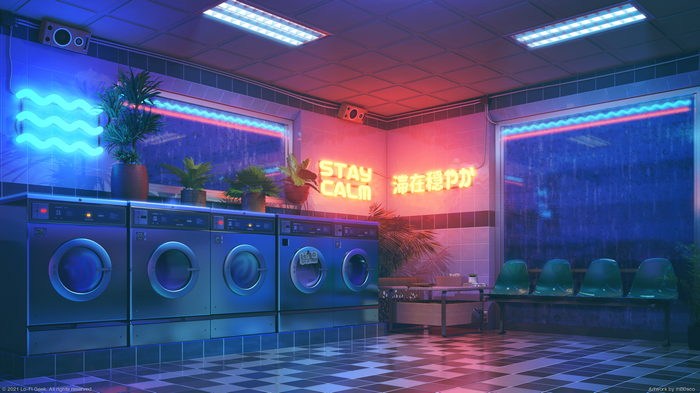 Lo-Fi Laundry Room with Neon Signs and Rain