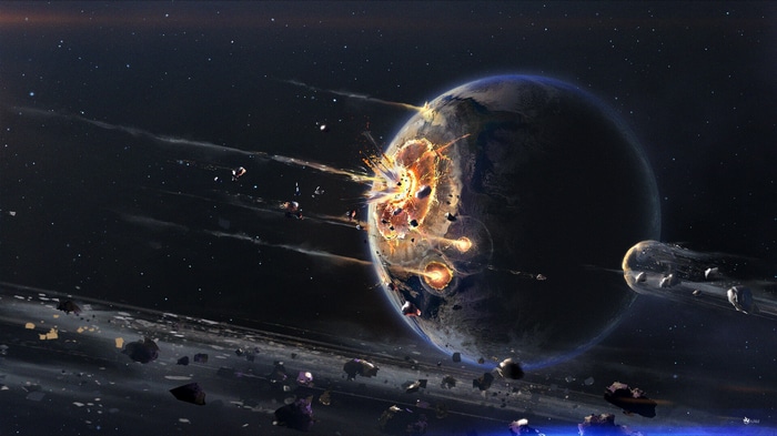 Planet exploding in space with asteroids