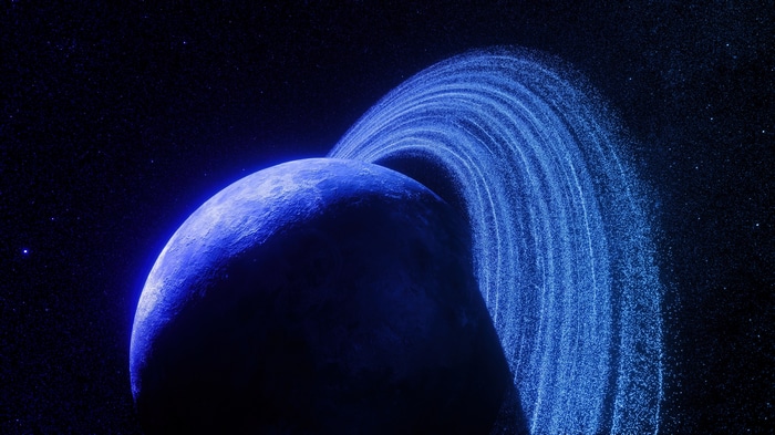 4K blue planet with planetary rings in space