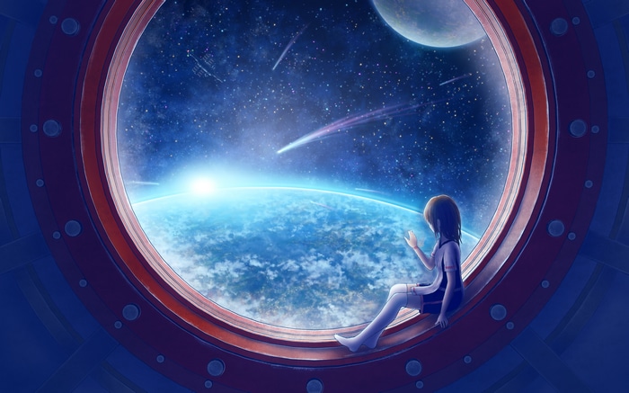 Girl looking out a spaceship window at Earth and stars