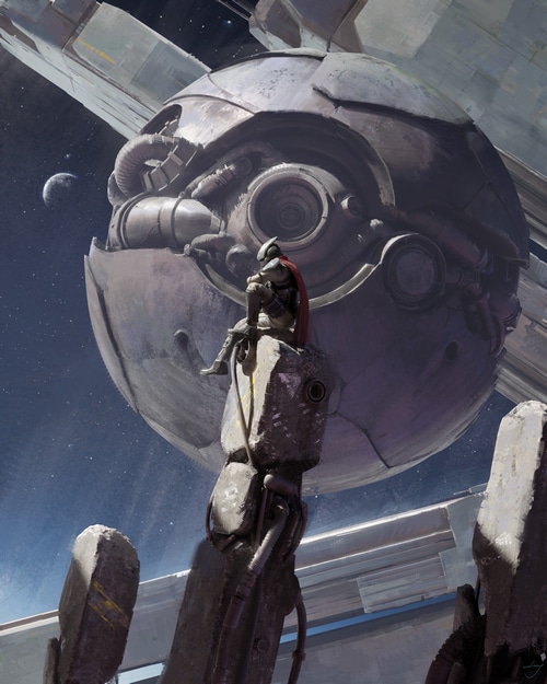 A lone figure sits on a robotic arm overlooking a large spherical structure